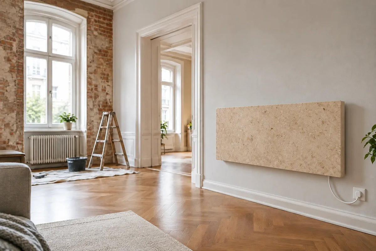 KI-generierte Raumvisualisierung: beige Marwona Jura-Natursteinheizung an einer freien Wand im Altbau.