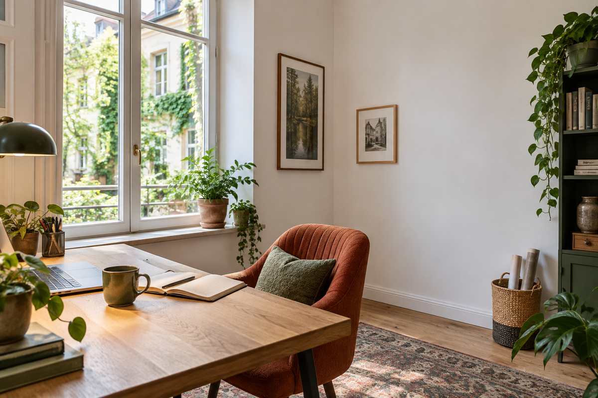 Helles Homeoffice mit Holzschreibtisch und terrakottafarbenem Stuhl (KI-generierte Illustration)
