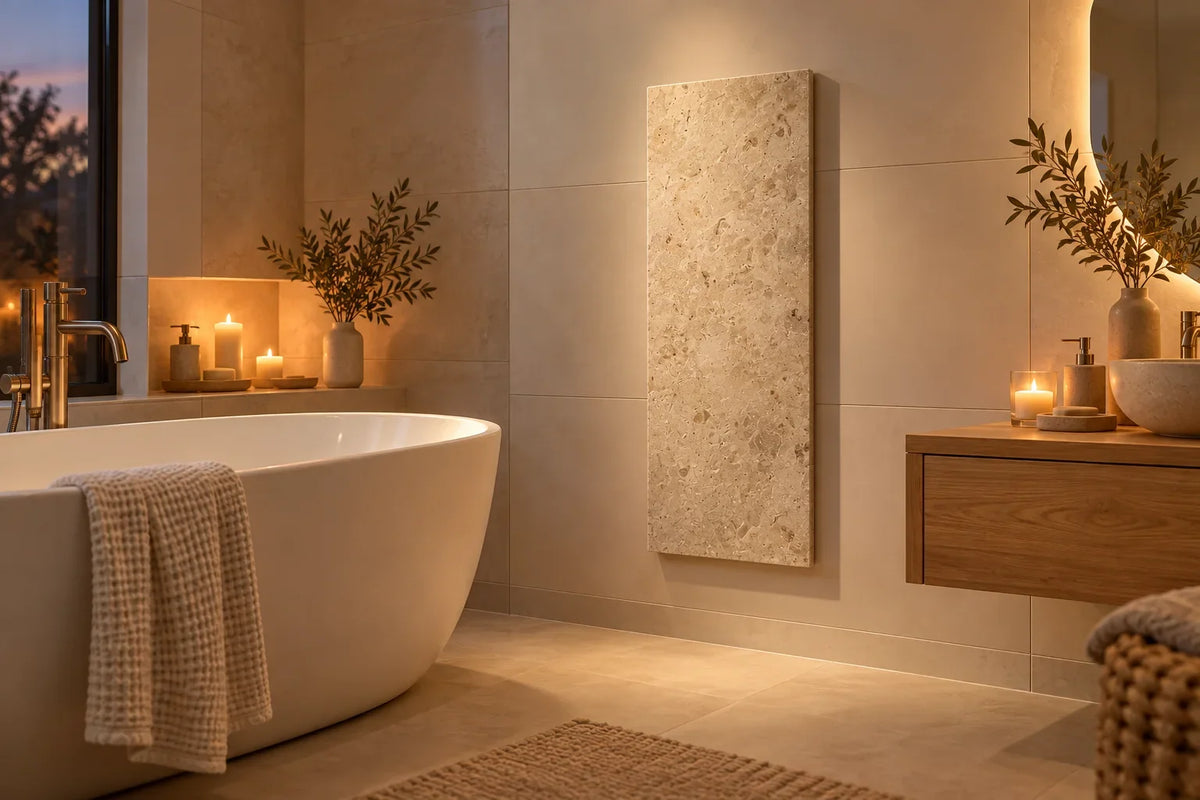 Marmor-Infrarotheizung an der Wand eines Wellness-Badezimmers mit freistehender Badewanne (KI-generierte Illustration)
