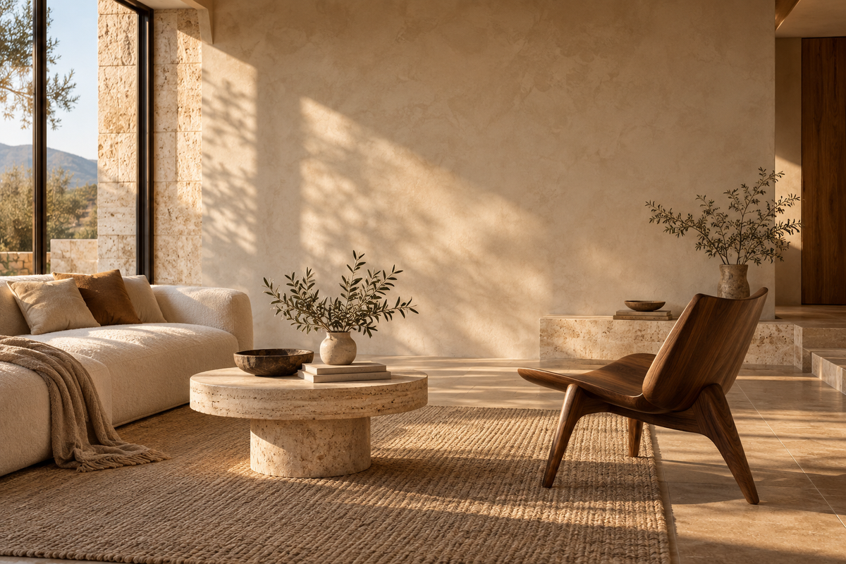 Wohnliches Interieur mit natürlichen Materialien und sanftem Sonnenlicht (KI-generierte Illustration)